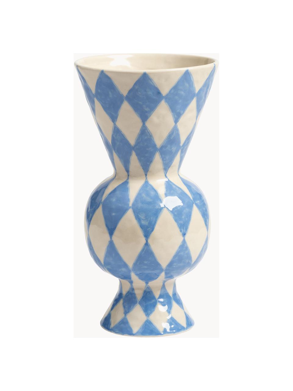 Handbemalte Vase Rhombic, H 30 cm, Steingut, Hellblau, Off White, Ø 16 x H 30 cm