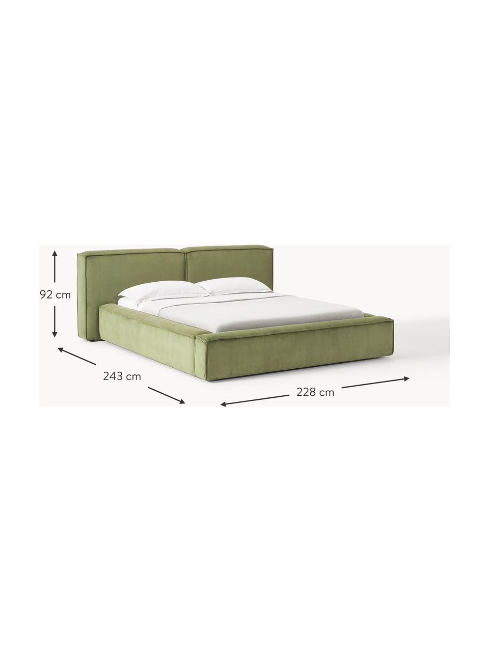 Letto imbottito in velluto a coste con contenitore Lennon, Rivestimento: velluto a coste (98% poli, Struttura: legno di pino massiccio, , Piedini: legno, plastica Questo pr, Velluto a coste verde oliva, Larg. 228 x Lung. 243 cm (superficie 160 x 200 cm)