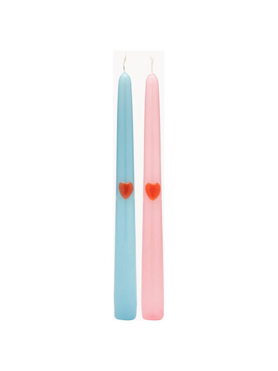 Handgefertigte Stabkerzen Tough Love, 2er-Set, Paraffin, Hellblau, Hellrosa, Ø 3 x H 25 cm