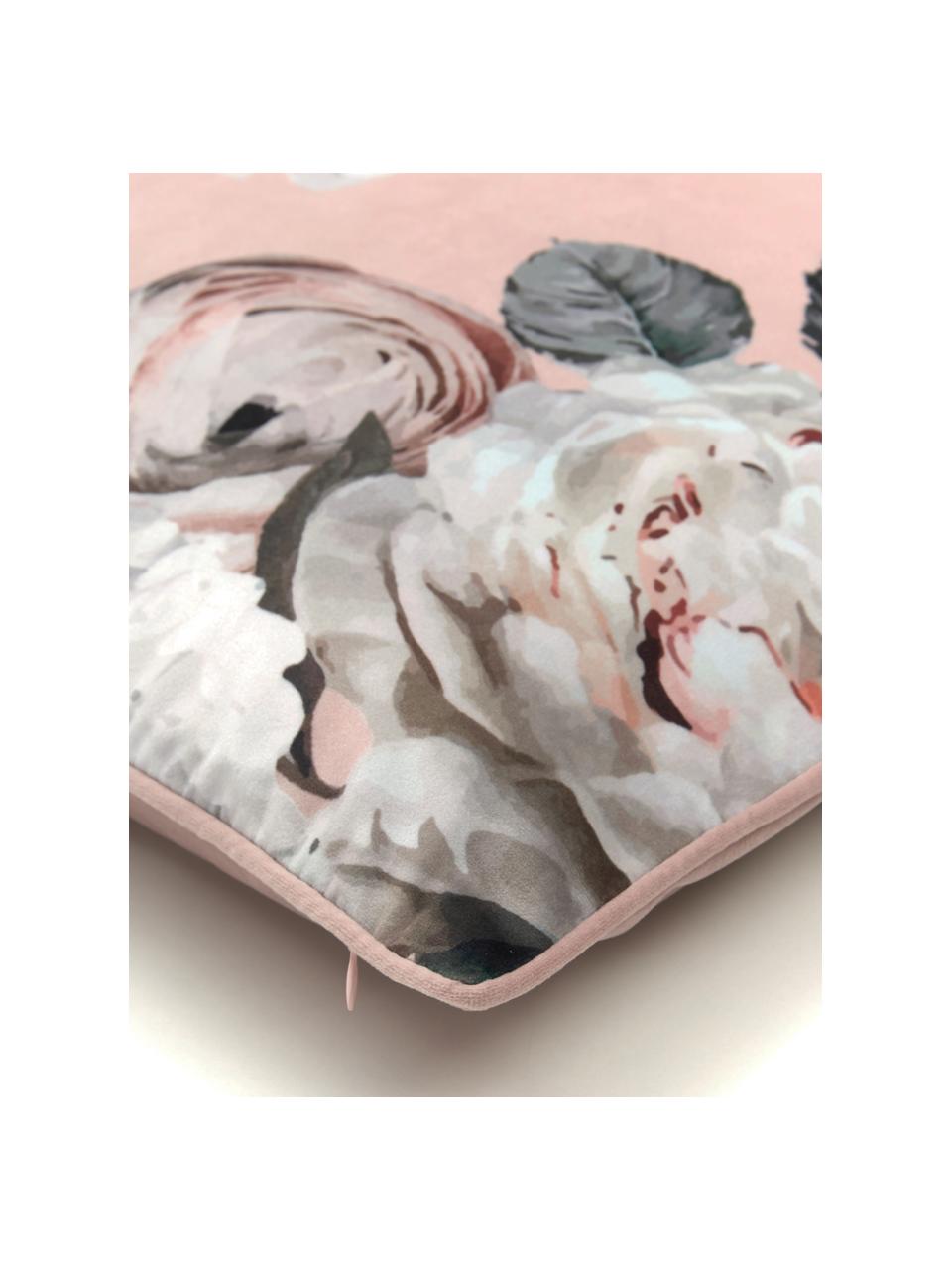 Fluwelen kussenhoes Blossom met bloemenprint, 100% polyester fluweel, Oudroze, B 45 x L 45 cm