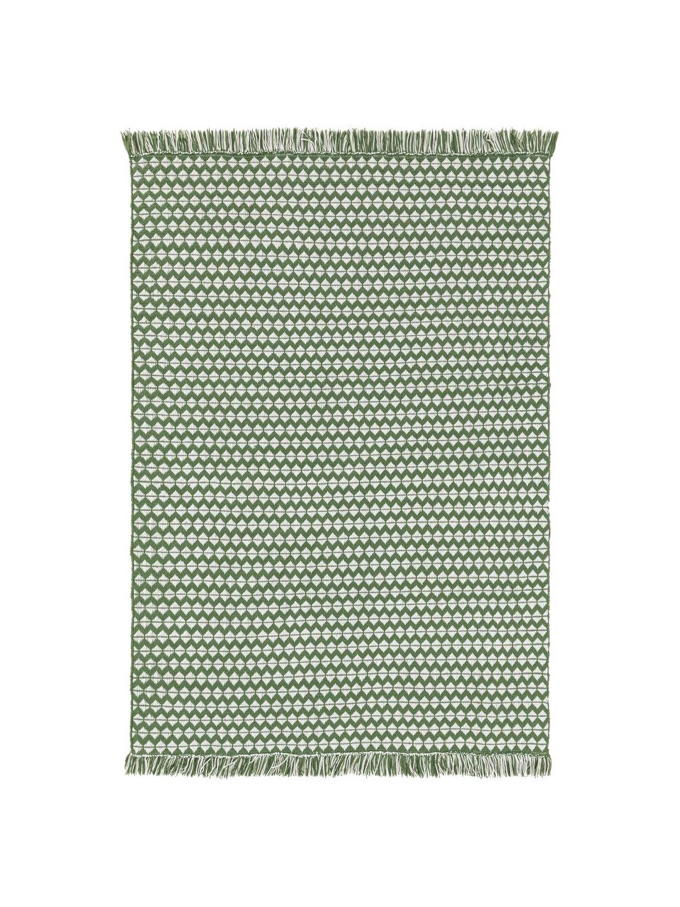 In- & Outdoor-Teppich Morty mit Ethnomuster und Fransen, 100% Polyester (recyceltes PET), Grün, gebrochenes Weiß, B 80 x L 150 cm (Größe XS)