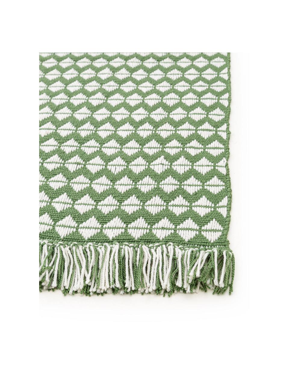 Alfombra de interior/exterior con flecos Morty, 100% poliéster (PET reciclado), Verde, Off White, An 80 x L 150 cm (Tamaño XS)