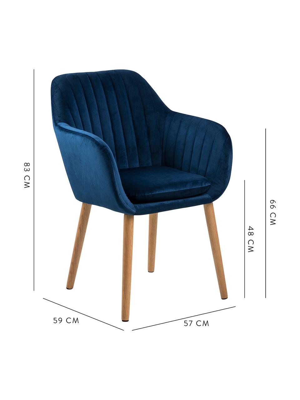 Silla de terciopelo Emilia, Tapizado: poliéster (terciopelo) Al, Patas: madera de roble aceitado, Terciopelo azul oscuro, patas roble, An 57 x F 59 cm