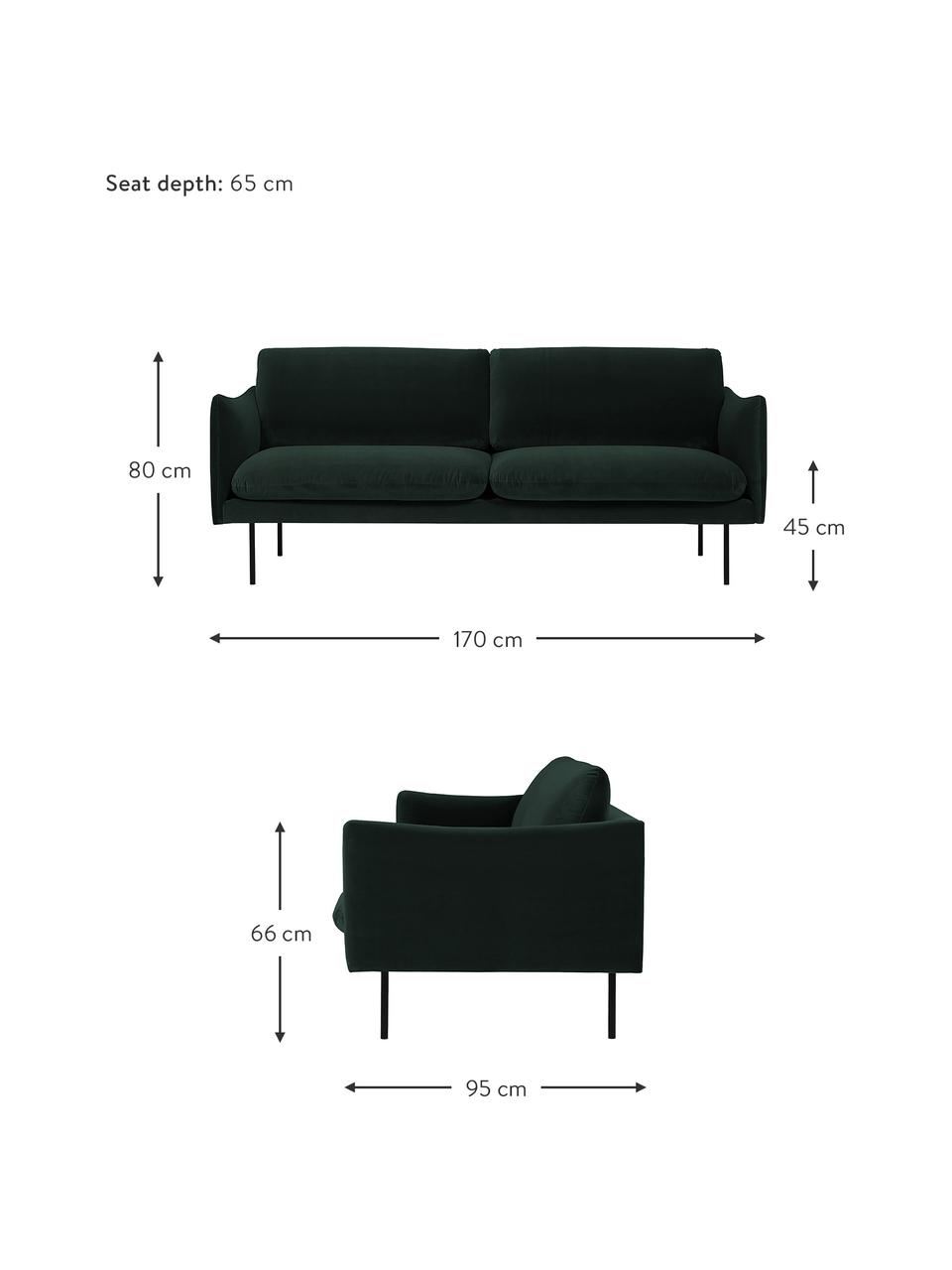 Divano 2 posti in velluto con piedini in metallo Moby, Rivestimento: velluto (rivestimento in , Struttura: legno di pino massiccio, , Piedini: metallo verniciato a polv, Velluto verde scuro, Larg. 170 x Prof. 95 cm
