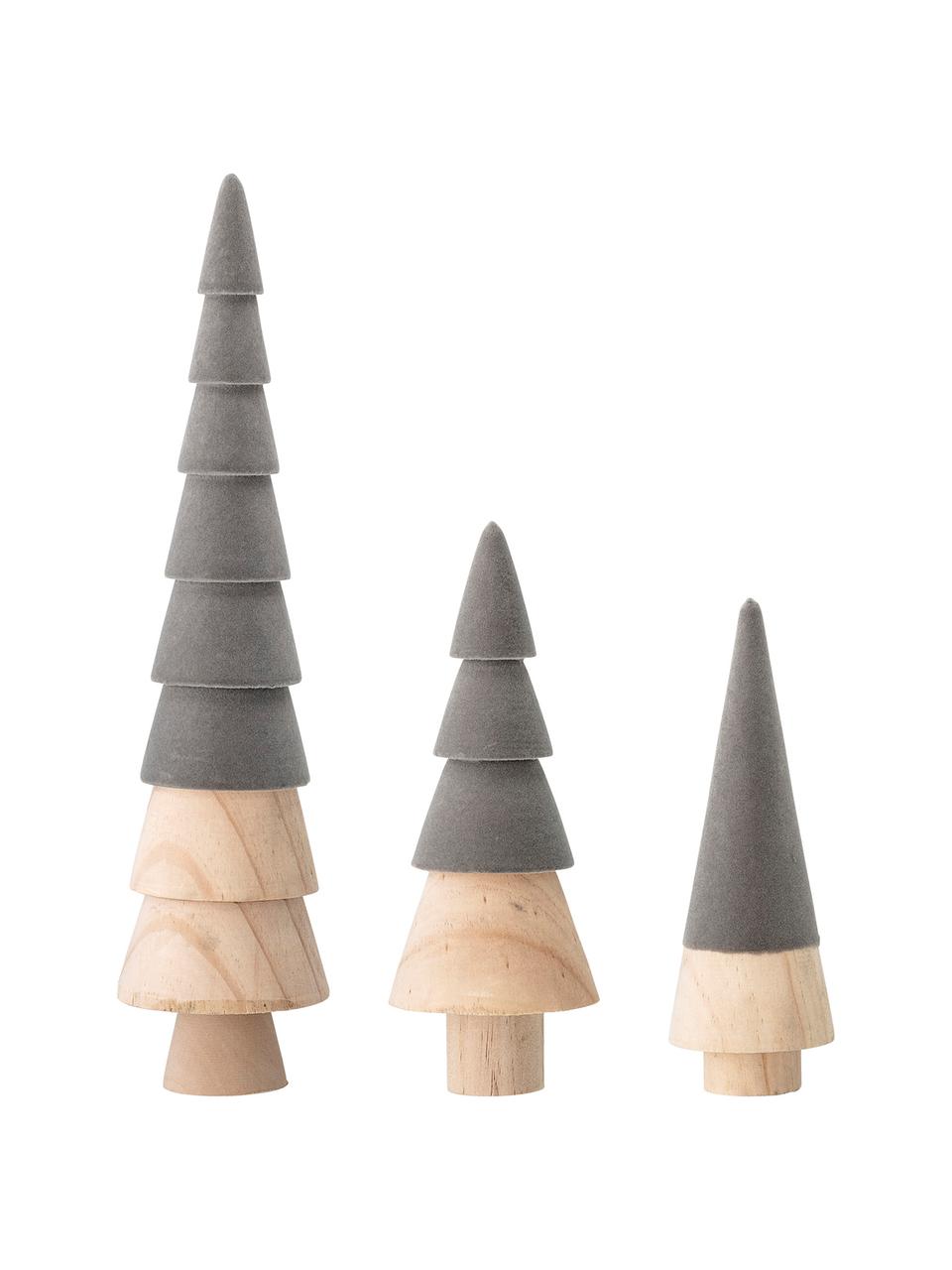 Set de piezas decorativas con terciopelo Thace, 3 pzas., Madera, terciopelo de poliéster, Gris, madera, Set de diferentes tamaños