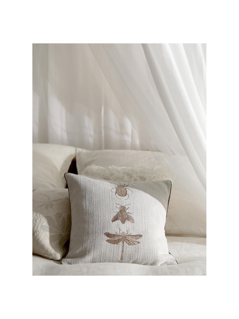 Geborduurde kussenhoes Tania met insectenmotief, 90% polyester, 10% linnen, Taupe, beige, B 45 x L 45 cm