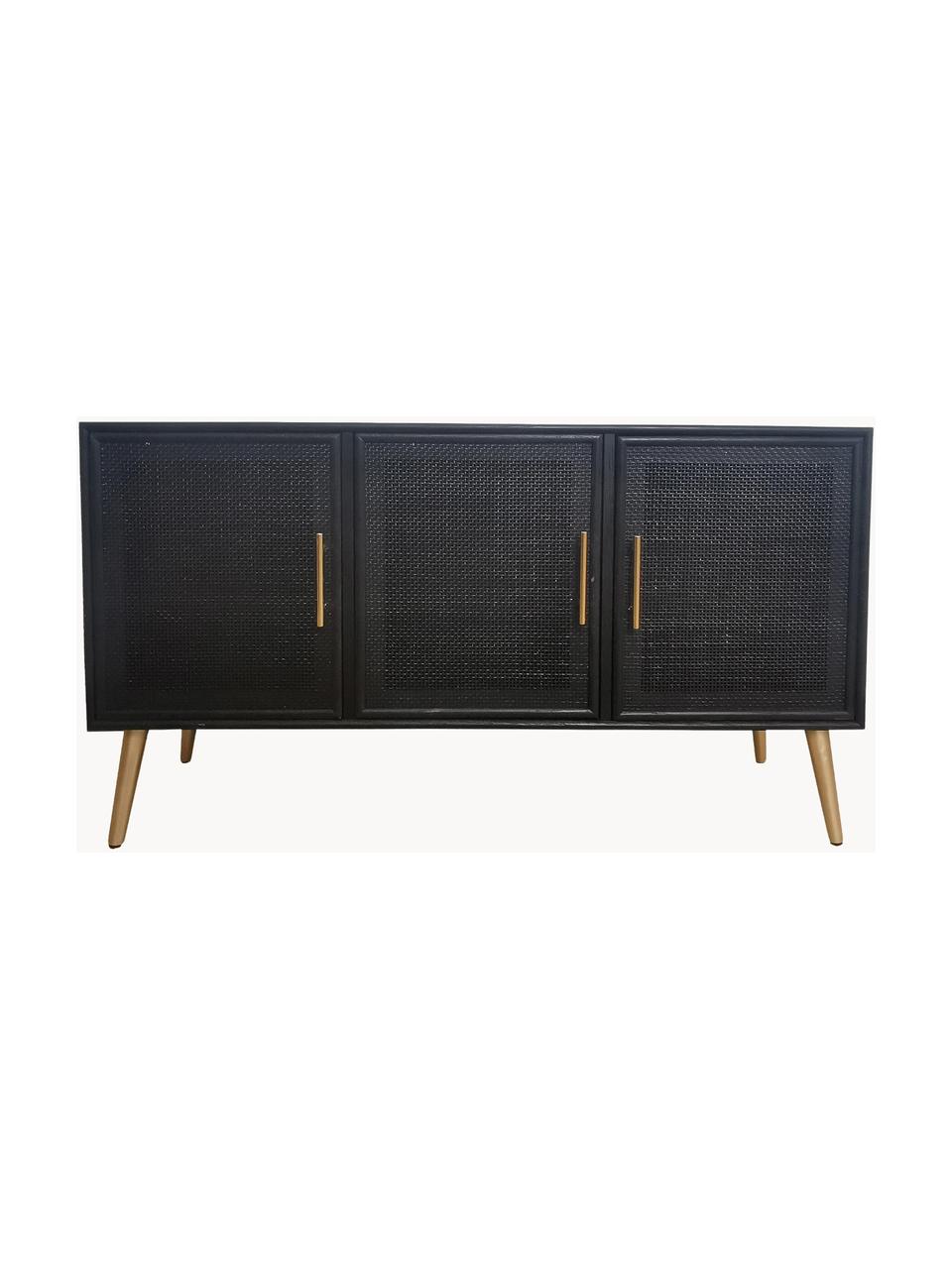 Credenza con ante Cayetana, Piedini: legno di bambù verniciato, Maniglie: metallo verniciato, Legno laccato nero, dorato, Larg. 120 x Alt. 71 cm