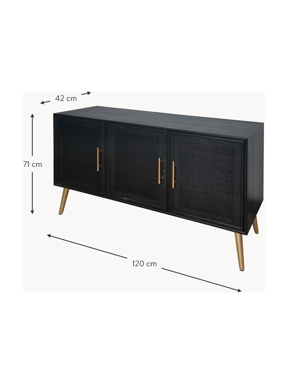 Credenza con ante Cayetana, Piedini: legno di bambù verniciato, Maniglie: metallo verniciato, Legno laccato nero, dorato, Larg. 120 x Alt. 71 cm