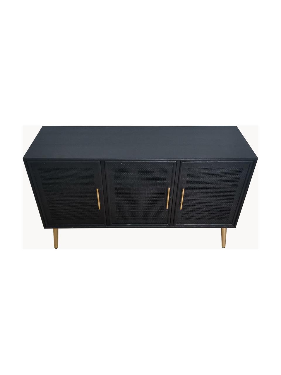 Credenza con ante Cayetana, Piedini: legno di bambù verniciato, Maniglie: metallo verniciato, Legno laccato nero, dorato, Larg. 120 x Alt. 71 cm