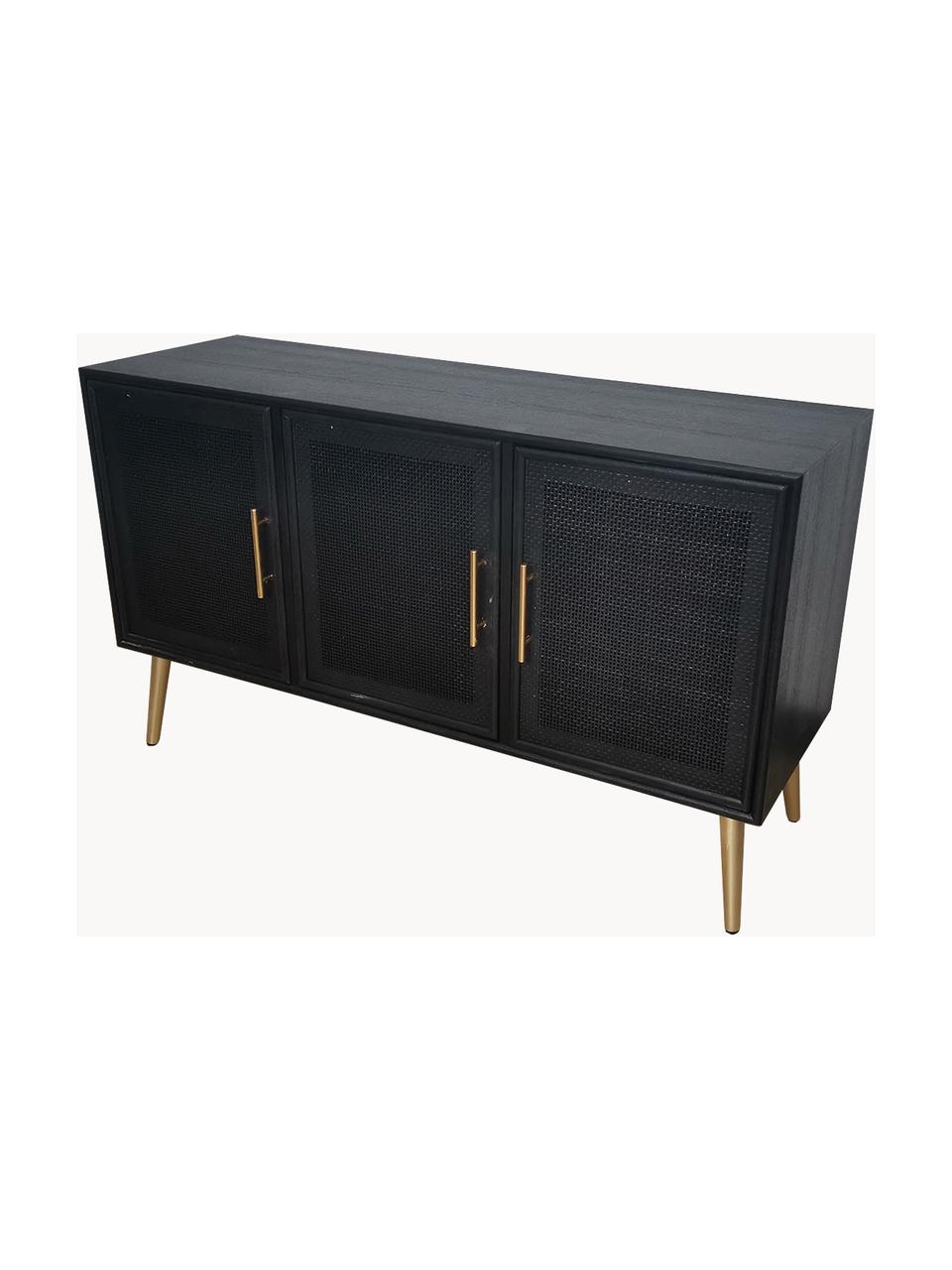 Credenza con ante Cayetana, Piedini: legno di bambù verniciato, Maniglie: metallo verniciato, Legno laccato nero, dorato, Larg. 120 x Alt. 71 cm