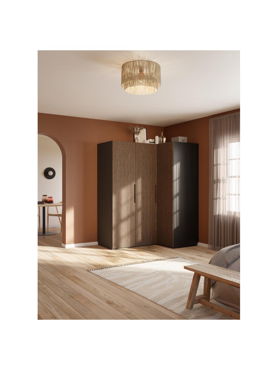 Modulaire hoekkast Simone, 165 cm breed, diverse varianten, Frame: met melamine beklede spaa, Walnoothout look, zwart, Basis interieur, B 165 x H 200 cm, met hoekmodule