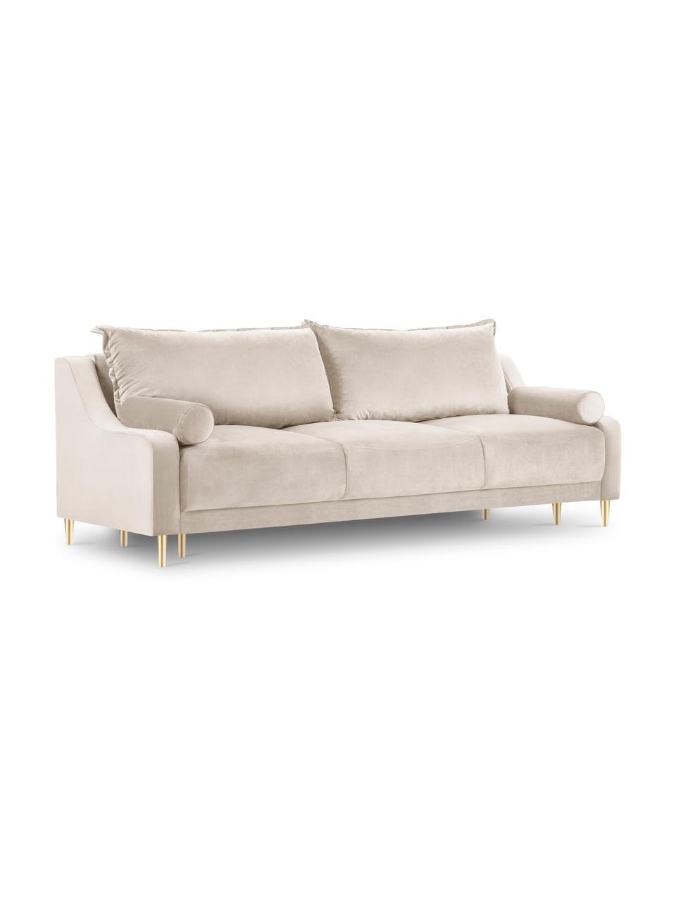 Fluwelen slaapbank Lea (3-zits) met opbergfunctie, Bekleding: 100% polyester fluweel Pl, Frame: massief grenenhout, spaan, Fluweel beige, messingkleurig, B 215 x D 94 cm
