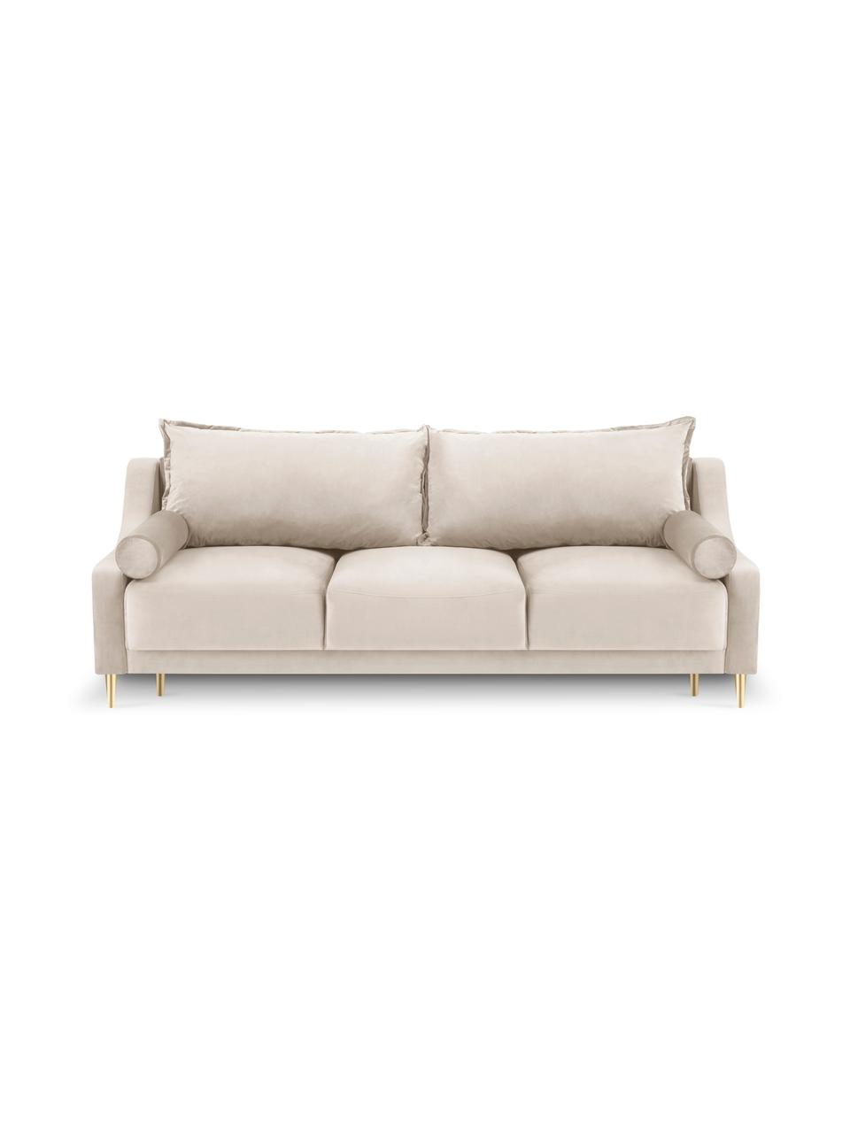 Sofá cama de terciopelo Lea (3 plazas), con espacio de almacenamiento, Tapizado: 100% terciopelo de poliés, Estructura: madera de pino maciza, ag, Patas: metal revestido, Terciopelo beige, An 215 x F 94 cm