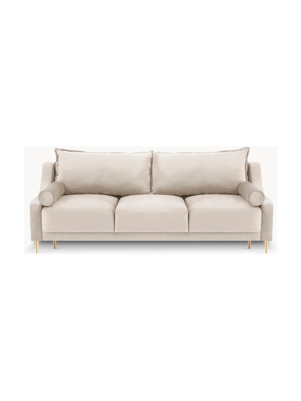 Divano letto 3 posti in velluto beige con contenitore Lea, Rivestimento: velluto 100% poliestere, Struttura: Pino massiccio, truciolat, Velluto beige, ottonato, Larg. 215 x Alt. 94 cm