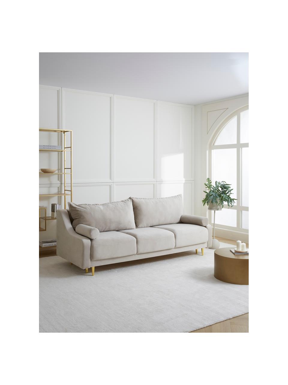 Divano letto 3 posti in velluto beige con contenitore Lea, Rivestimento: velluto 100% poliestere, Struttura: Pino massiccio, truciolat, Velluto beige, ottonato, Larg. 215 x Alt. 94 cm