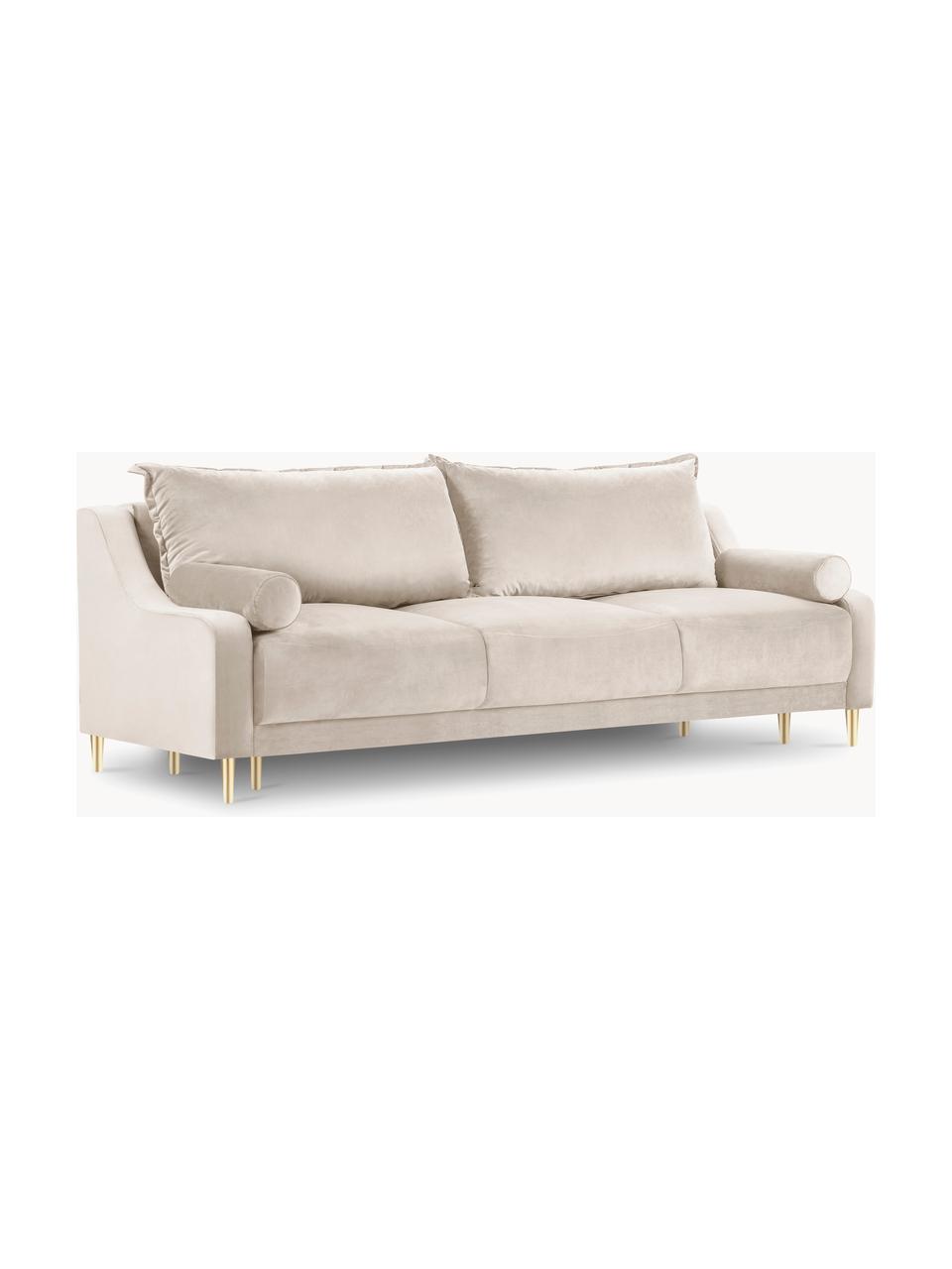 Divano letto 3 posti in velluto beige con contenitore Lea, Rivestimento: velluto 100% poliestere, Struttura: Pino massiccio, truciolat, Velluto beige, ottonato, Larg. 215 x Alt. 94 cm