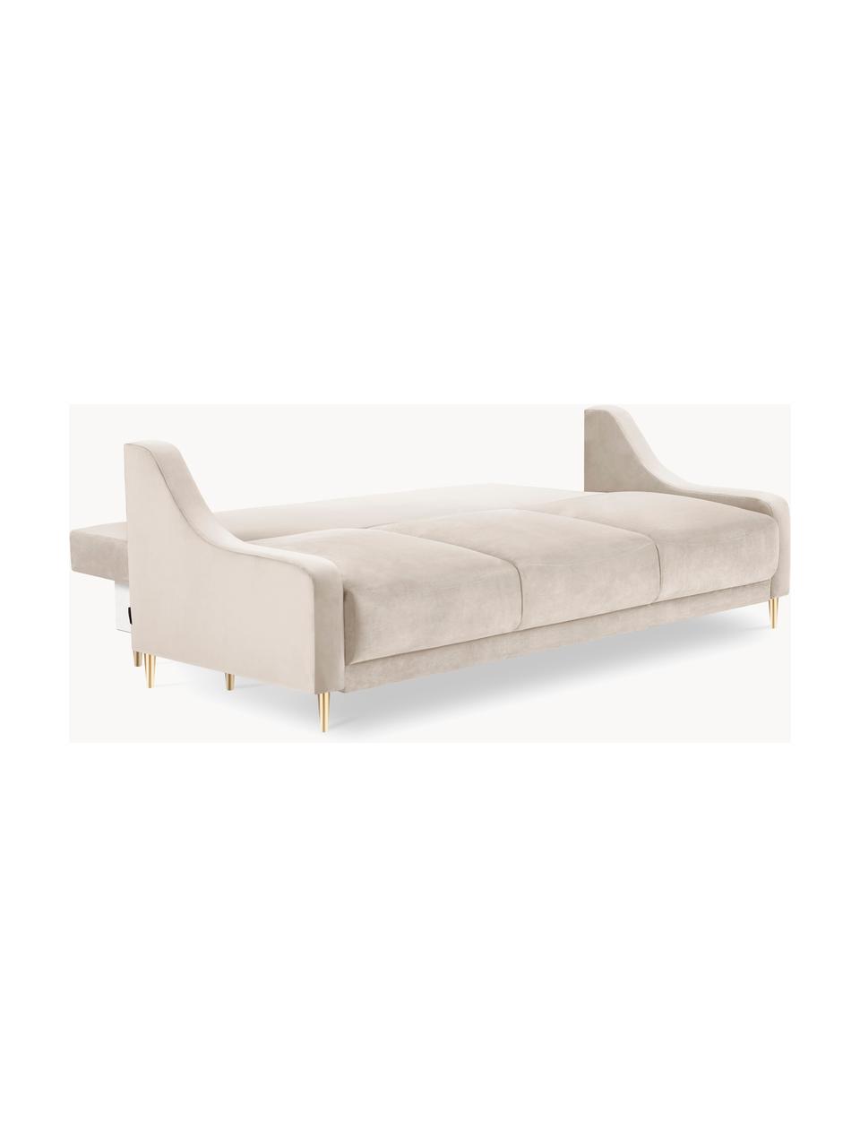 Divano letto 3 posti in velluto beige con contenitore Lea, Rivestimento: velluto 100% poliestere, Struttura: Pino massiccio, truciolat, Velluto beige, ottonato, Larg. 215 x Alt. 94 cm