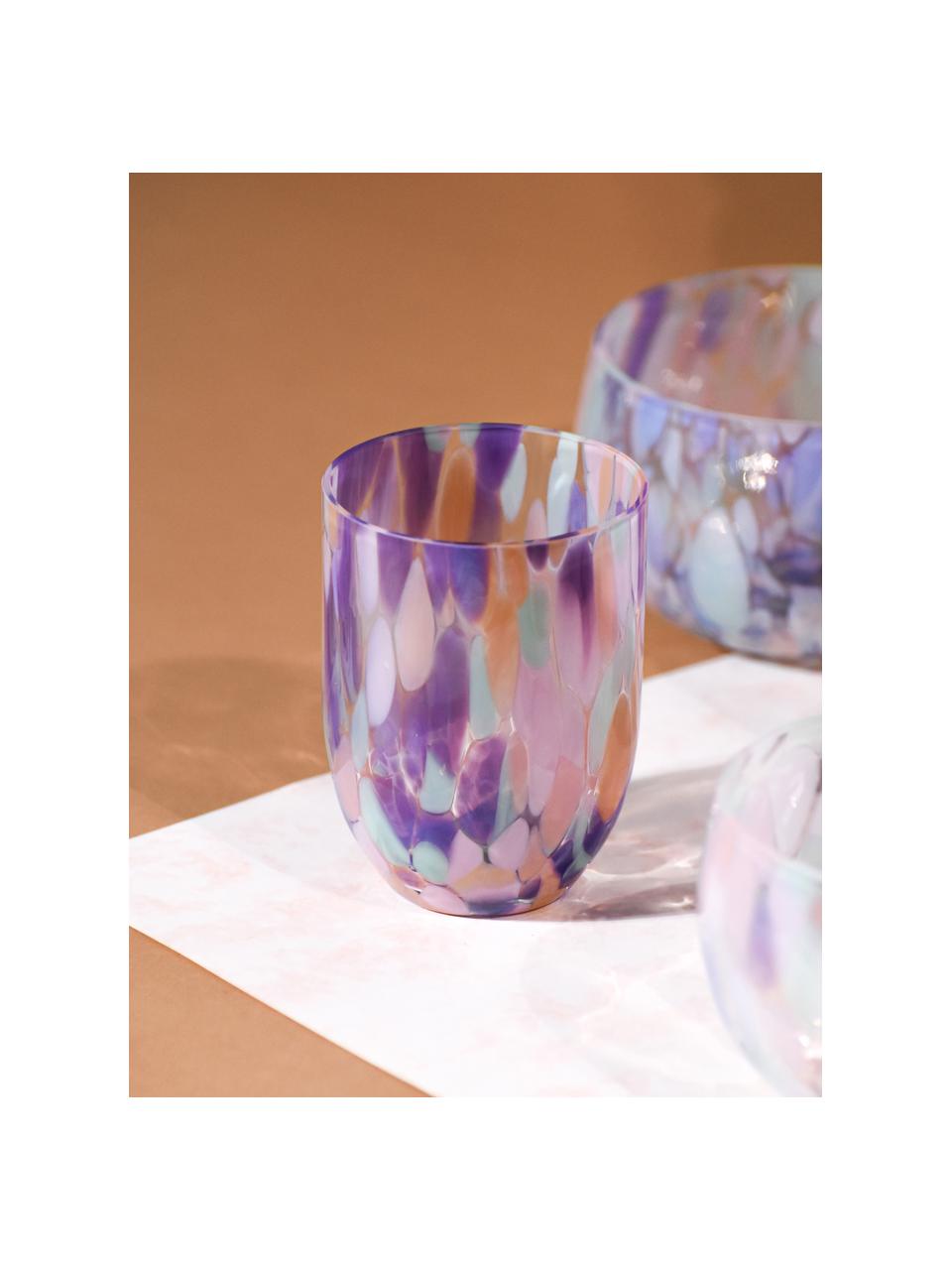 Set de vasos artesanales Big Confetti, 6 uds., Vidrio, Lila, melocotón, verde menta, transparente, Ø 7 x Al 10 cm, 250 ml
