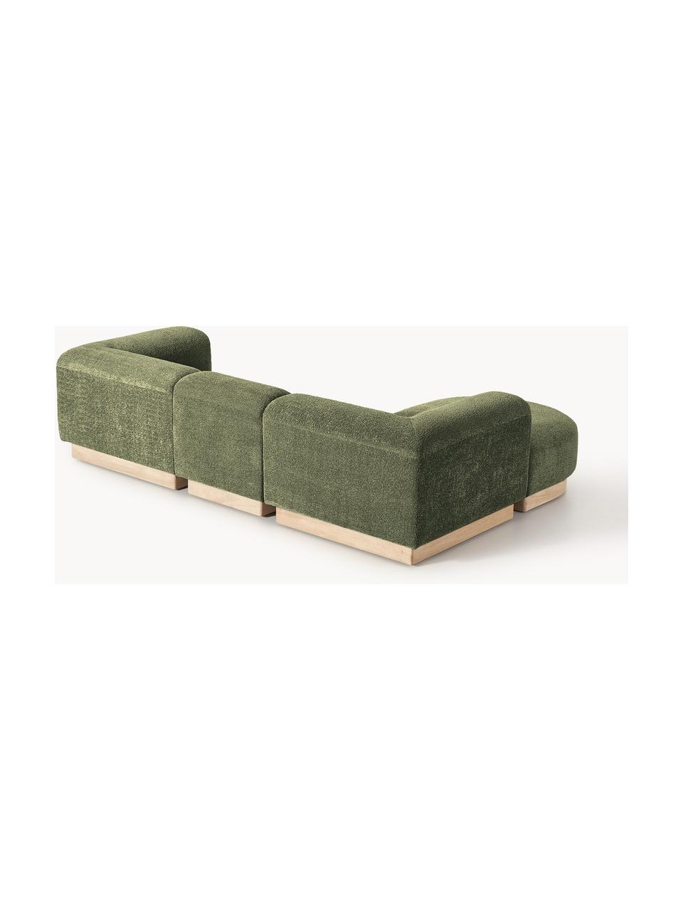 Modulares Sofa Natalie (3-Sitzer) aus Teddy-Bouclé mit Hocker, Bezug: Teddy-Bouclé (100 % Polye, Gestell: mitteldichte Holzfaserpla, Sockel: Massives Buchenholz, lack, Teddy-Bouclé Dunkelgrün, helles Buchenholz, B 283 x T 197 cm