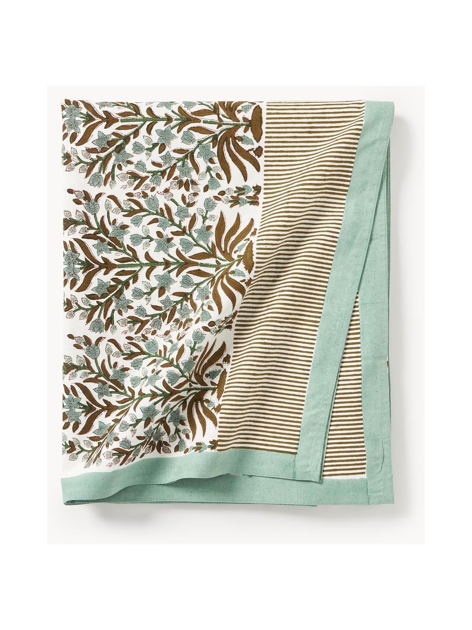 Mantel con estampado floral Jasmine, 100% algodón, Verde oliva, marrón, Off White, De 6 a 8 comensales (An 150 x L 250 cm)