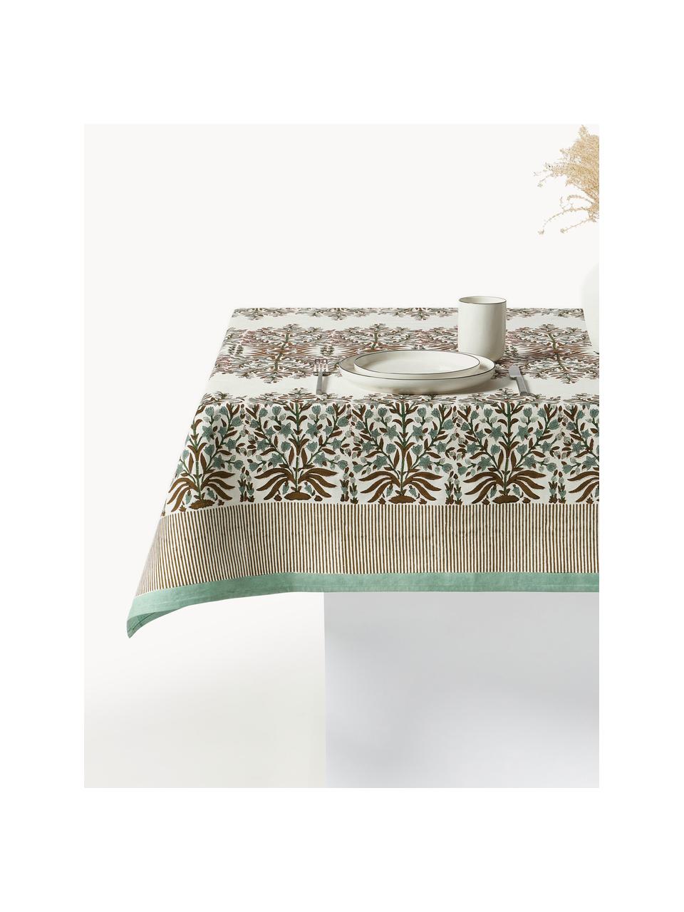 Nappe avec motif à fleurs Jasmine, 100 % coton, Vert olive, brun, blanc cassé, 6-8 personnes (larg. 150 cm x long. 250)