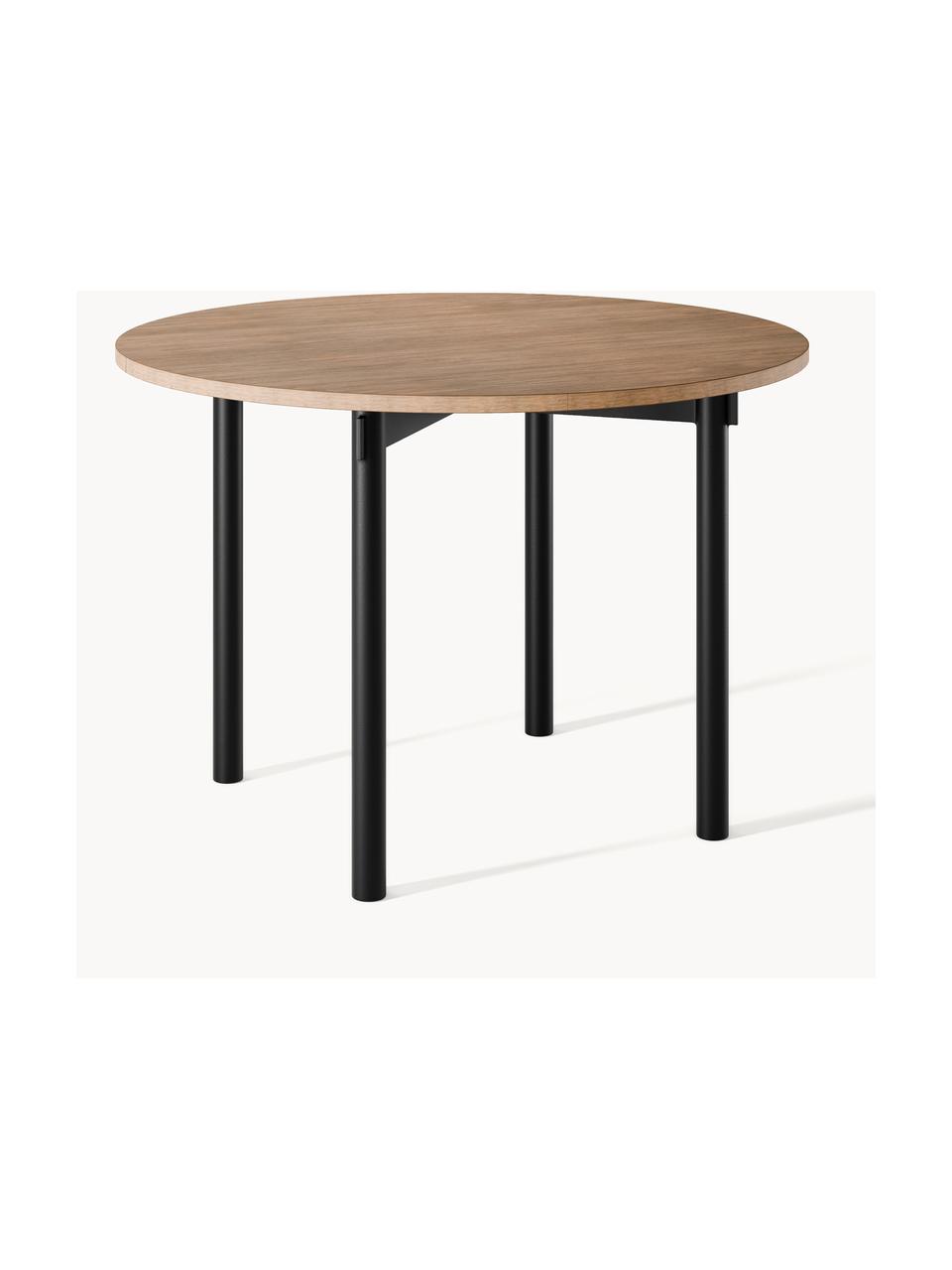 Ronde eettafel Mavi, Ø 110 cm, Tafelblad: MDF met eikenhoutfineer, , Poten: gecoat metaal, Eikenhout, zwart, Ø 110 cm