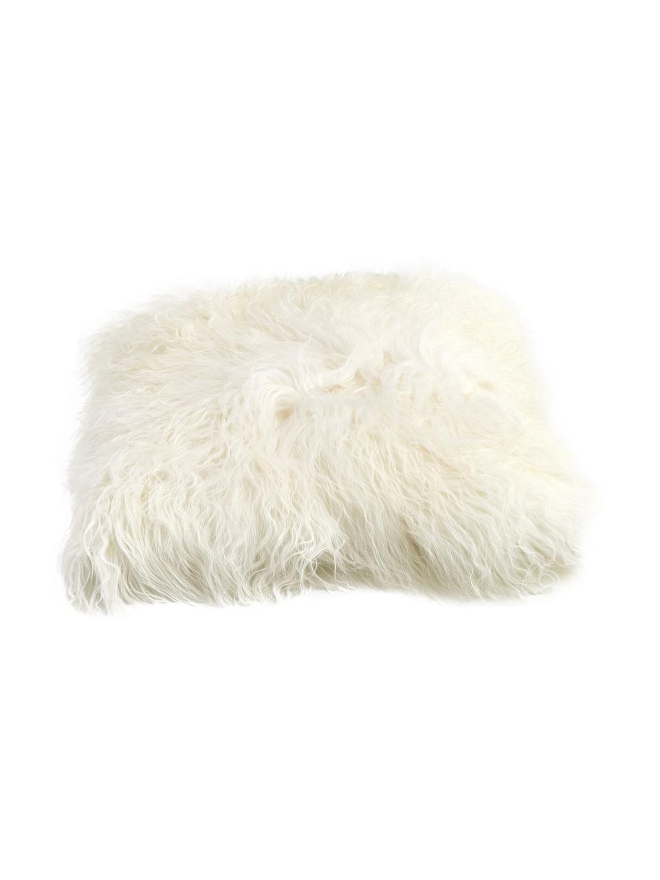 Housse de coussin en peau d'agneau à longs poils frisés Ella, Blanc, larg. 40 x long. 40 cm