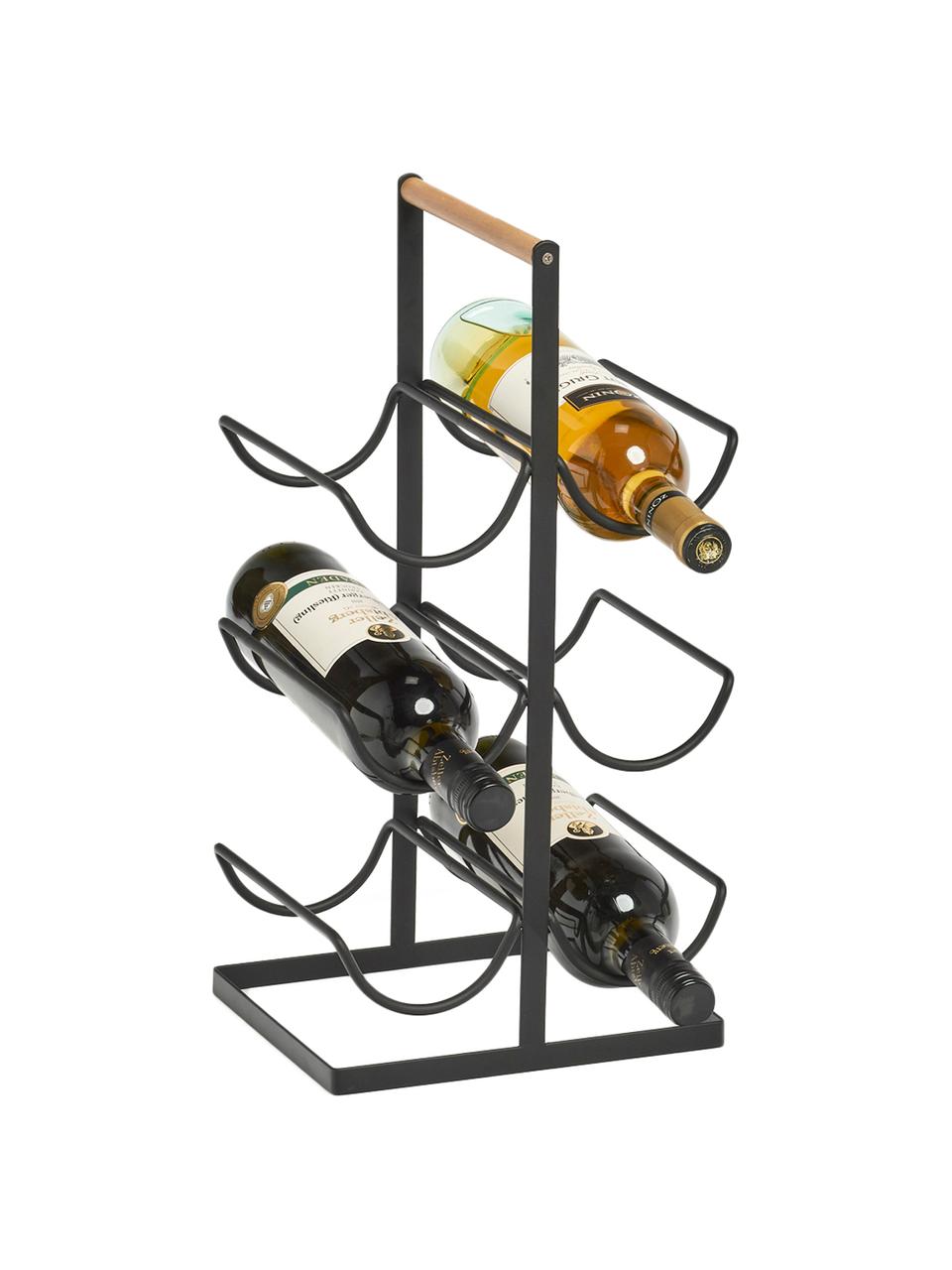 Botellero Hadena, para 6 botellas, Estructura: metal con pintura en polv, Asa: madera, Negro, madera clara, An 24 x F 46 cm