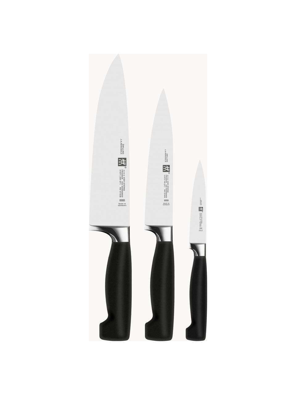 Set de cuchillos de acero **** VIER STERNE, 3 uds., Acero inoxidable, Plateado, negro, Set de diferentes tamaños