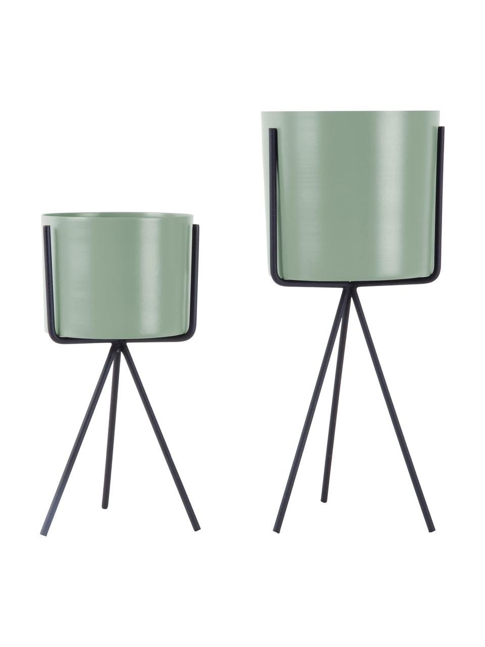 Set de macetas Pedestal, 2 pzas., Metal recubierto, Verde menta, negro, Ø 13 x Al 30 cm