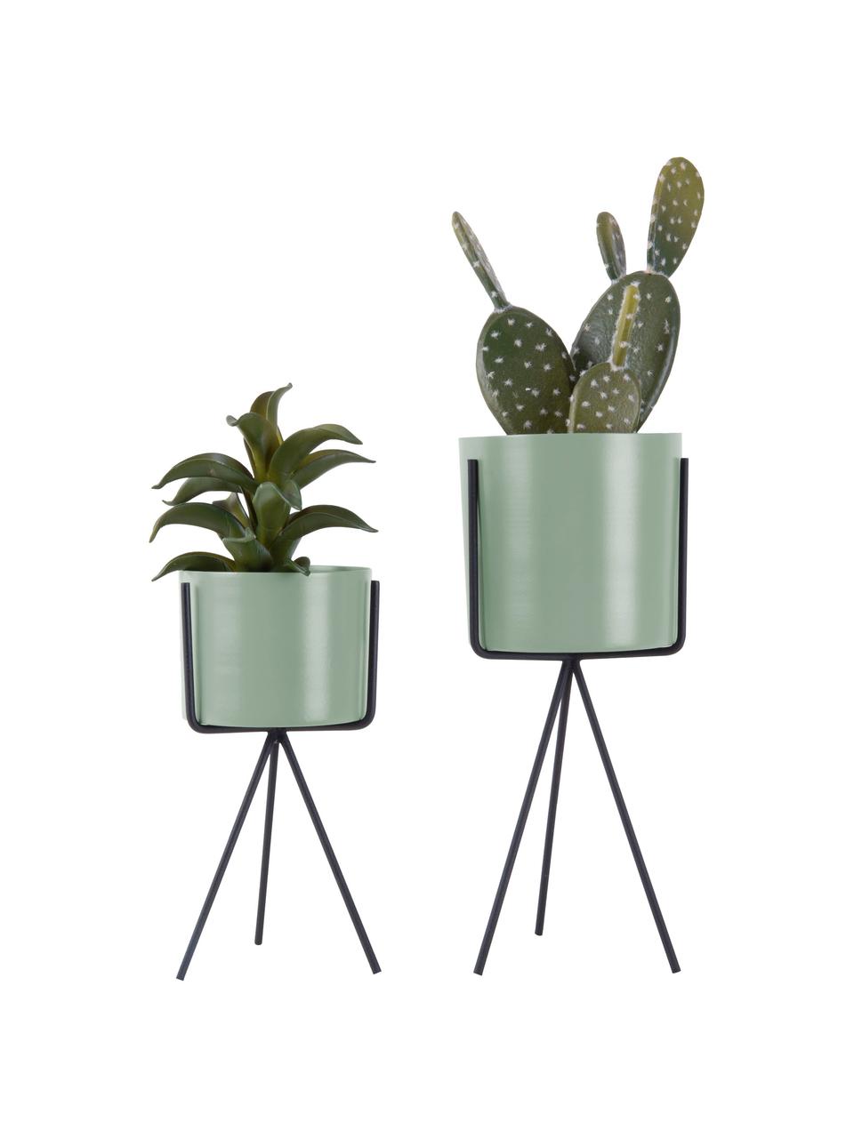 Plantenpottenset Pedestal, 2-delig, Gecoat metaal, Mintgroen, zwart, Ø 13 x H 30 cm