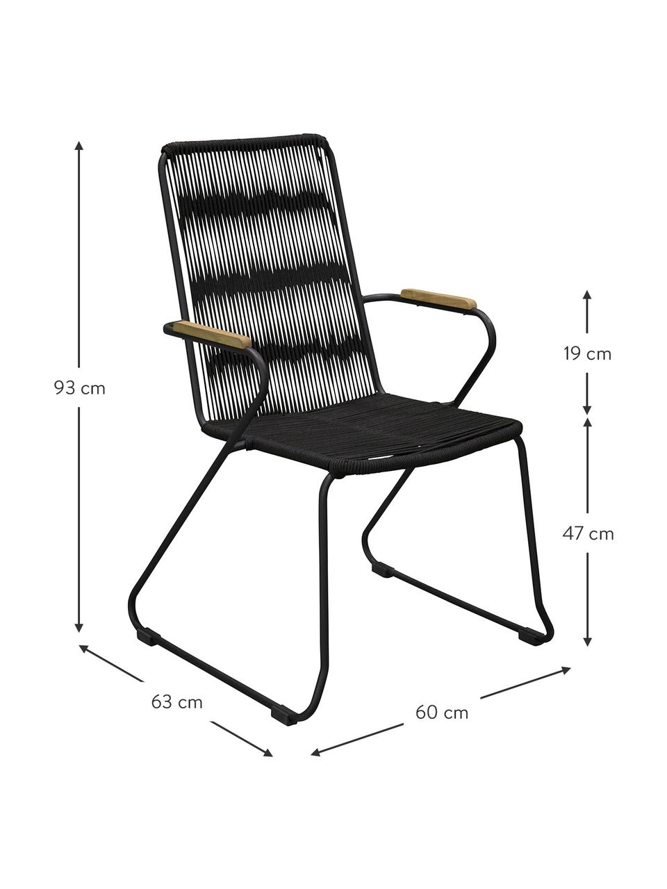 Garten-Armlehnstühle Bois, 2 Stück, Sitzfläche: Seil, beschichtet, Gestell: Metall, lackiert, Armlehnen: Teakholz, Schwarz, Teakholz, B 60 x T 63 cm
