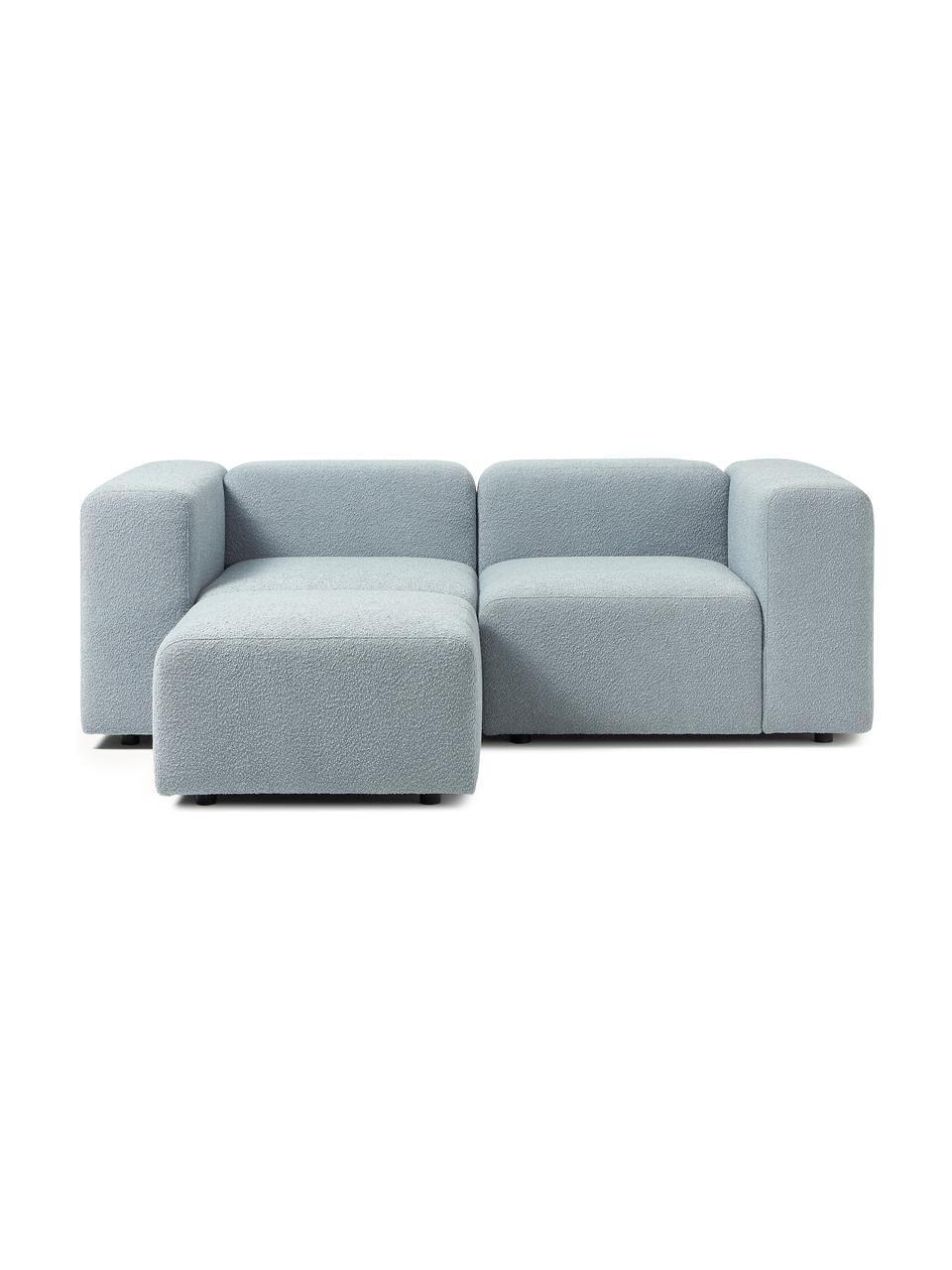 Sofá modular bouclé Lena (3 plazas), con reposapiés, Tapizado: Bouclé (93% poliéster, 6%, Estructura: madera de pino, contracha, Patas: plástico, Bouclé azul claro, An 209 x F 181 cm