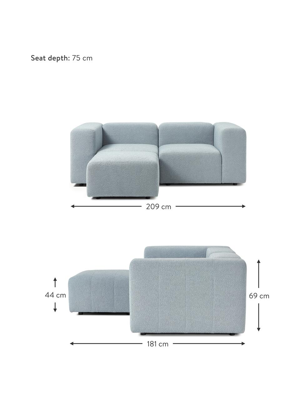 Sofá modular bouclé Lena (3 plazas), con reposapiés, Tapizado: Bouclé (93% poliéster, 6%, Estructura: madera de pino, contracha, Patas: plástico, Bouclé azul claro, An 209 x F 181 cm