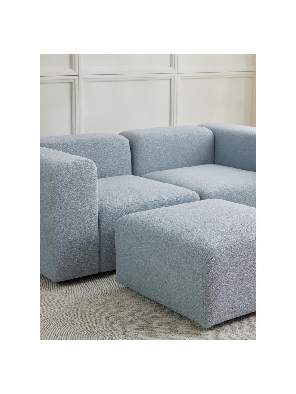 Sofa modułowa bouclé z pufem Lena (3-osobowa), Tapicerka: bouclé (93% poliester, 6%, Stelaż: drewno sosnowe, sklejka, , Nogi: tworzywo sztuczne, Jasnoniebieski bouclé, S 209 x G 181 cm