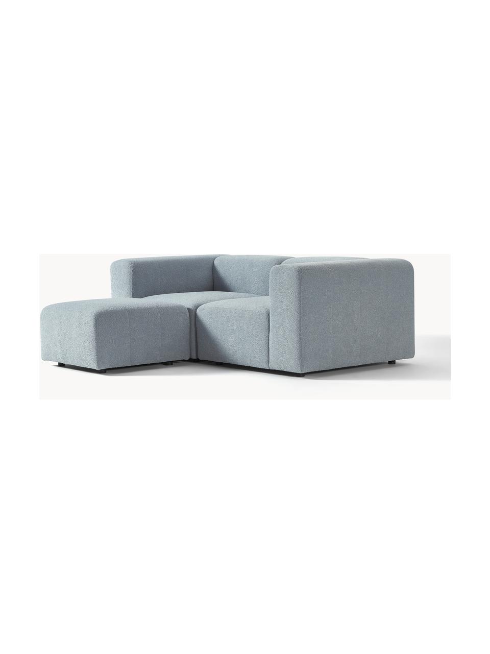 Sofá modular bouclé de 3 plazas con reposapiés Lena, Tapizado: Bouclé (93% poliéster, 6%, Estructura: madera de pino, contracha, Patas: plástico, Bouclé azul claro, An 209 x F 181 cm