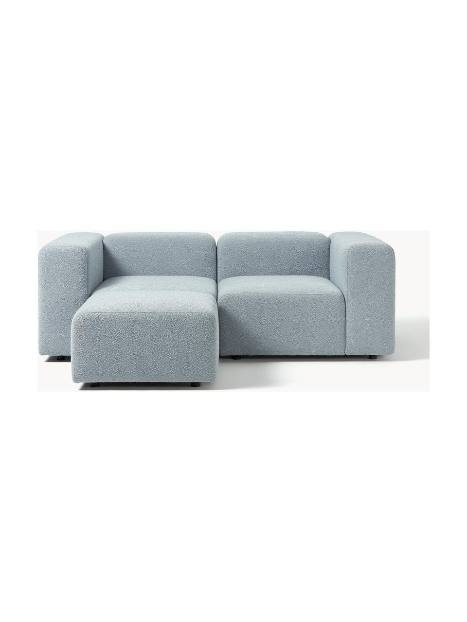 Sofá modular bouclé de 3 plazas con reposapiés Lena, Tapizado: Bouclé (93% poliéster, 6%, Estructura: madera de pino, contracha, Patas: plástico, Bouclé azul claro, An 209 x F 181 cm