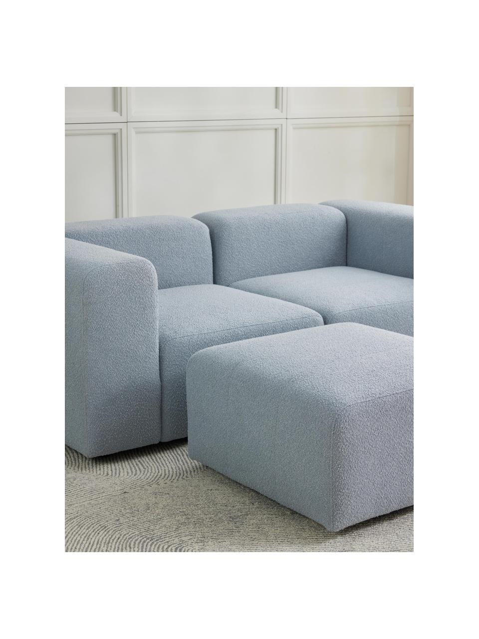 Sofá modular bouclé de 3 plazas con reposapiés Lena, Tapizado: Bouclé (93% poliéster, 6%, Estructura: madera de pino, contracha, Patas: plástico, Bouclé azul claro, An 209 x F 181 cm