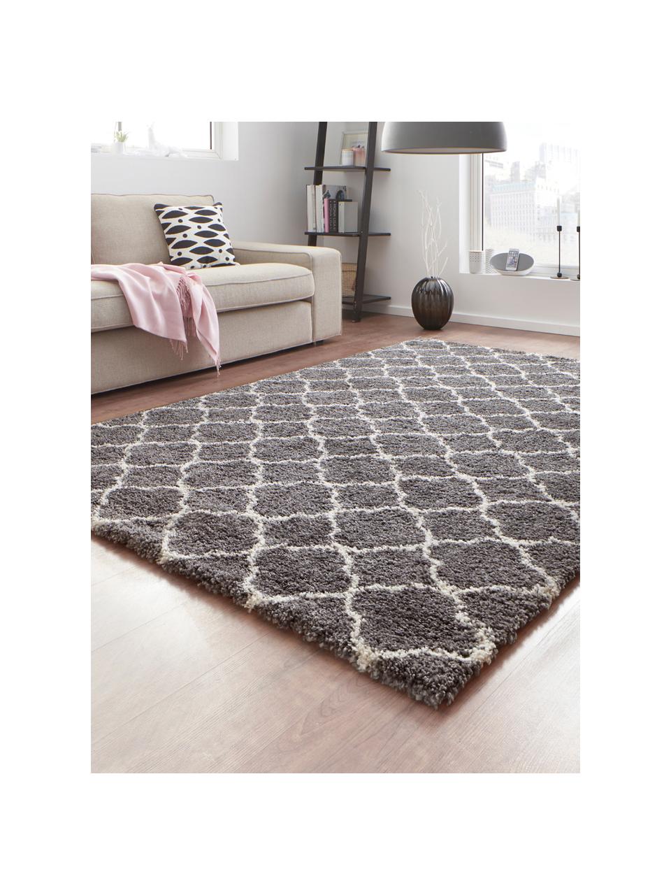 Tapis poils longs gris crème Grace, Gris foncé, crème