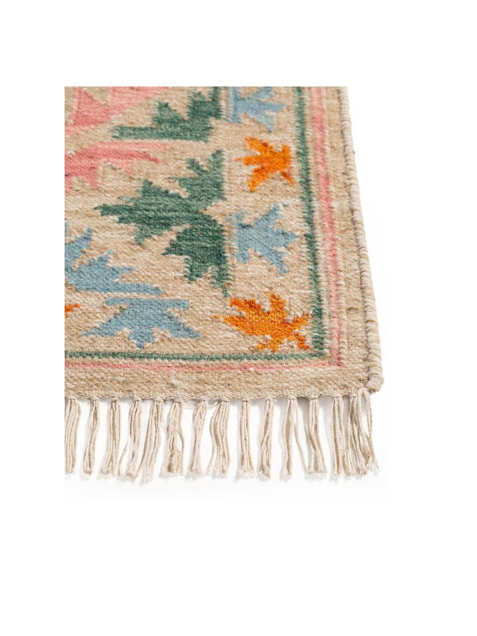 Tappeto kilim tessuto a mano con finitura a frange Zohra, 90% lana, 10% cotone

Nel caso dei tappeti di lana, le fibre possono staccarsi nelle prime settimane di utilizzo, questo si riduce con l'uso quotidiano e la formazione di lanugine diminuisce, Multicolore, Larg. 120 x Lung. 170 cm (taglia S)