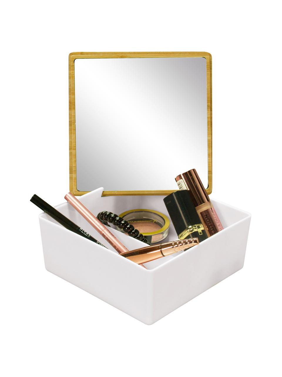 Bad-Aufbewahrungsbox Timber mit integriertem Kosmetikspiegel, Spiegelfläche: Spiegelglas, Box: Polypropylen, Deckel: Bambus, Weiß, B 14 x H 6 cm