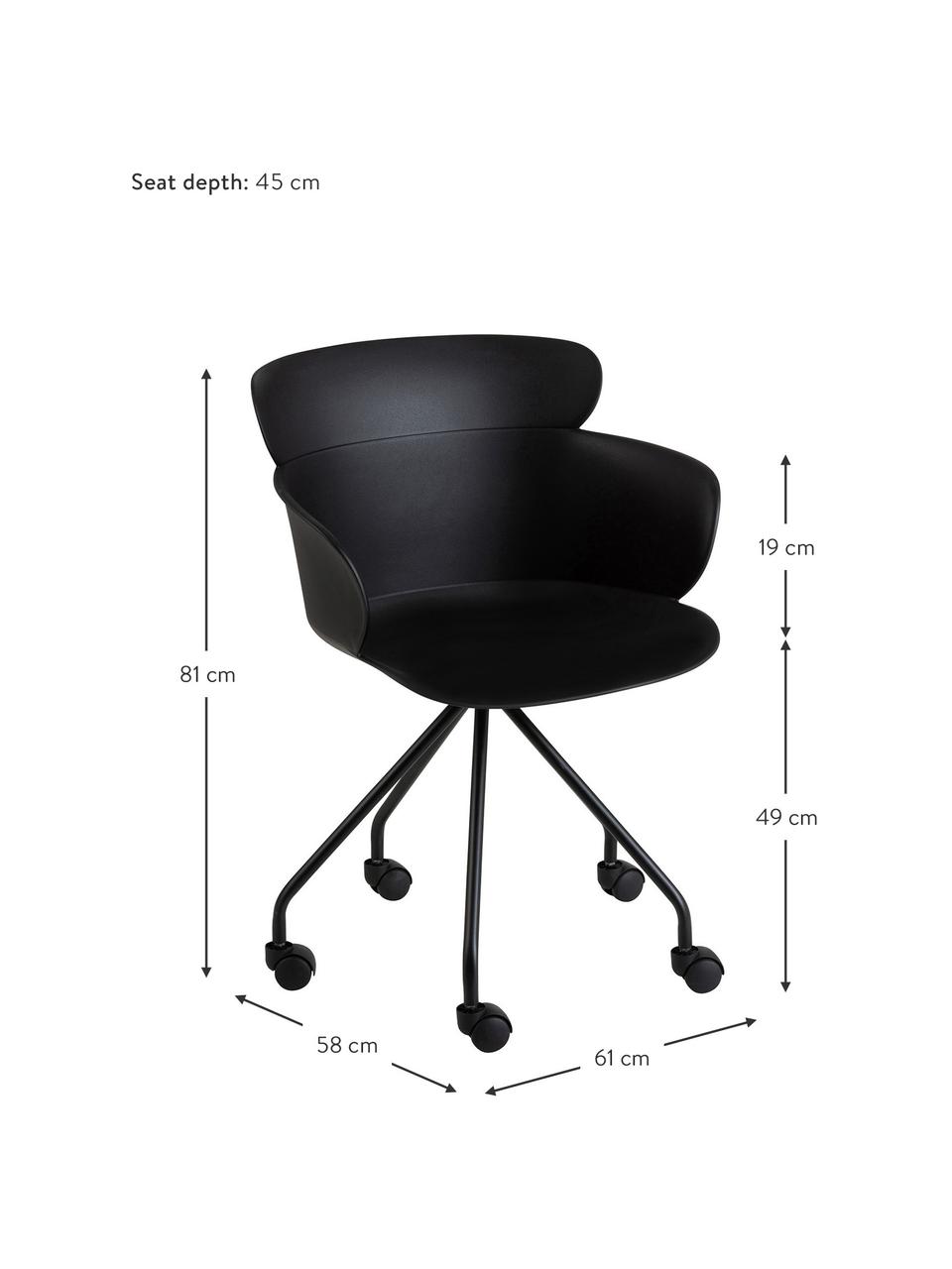 Chaise de bureau en plastique à roulettes Eva, Plastique (PP), Noir, larg. 60 x prof. 54 cm