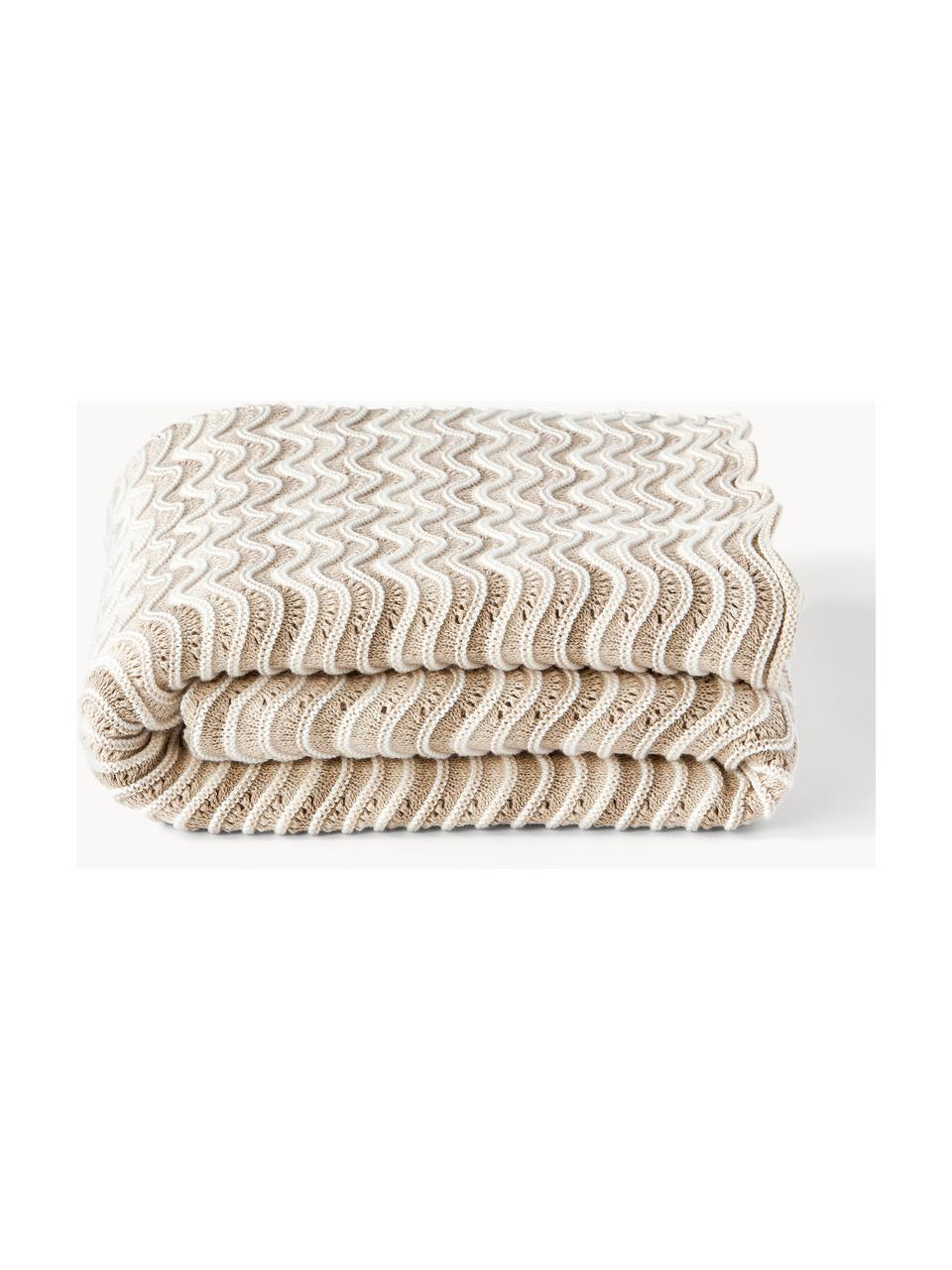 Plaid en tricot Emilio, 100 % coton, Beige clair, blanc cassé, larg. 130 x long. 170 cm