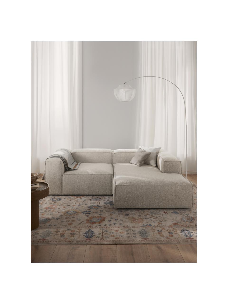 Divano angolare componibile in bouclé Lennon, Rivestimento: bouclé (100% poliestere) , Struttura: legno di pino massiccio, , Piedini: plastica Questo prodotto , Bouclè bianco latte, Larg. 238 x Prof. 180 cm, chaise loungue a sinistra