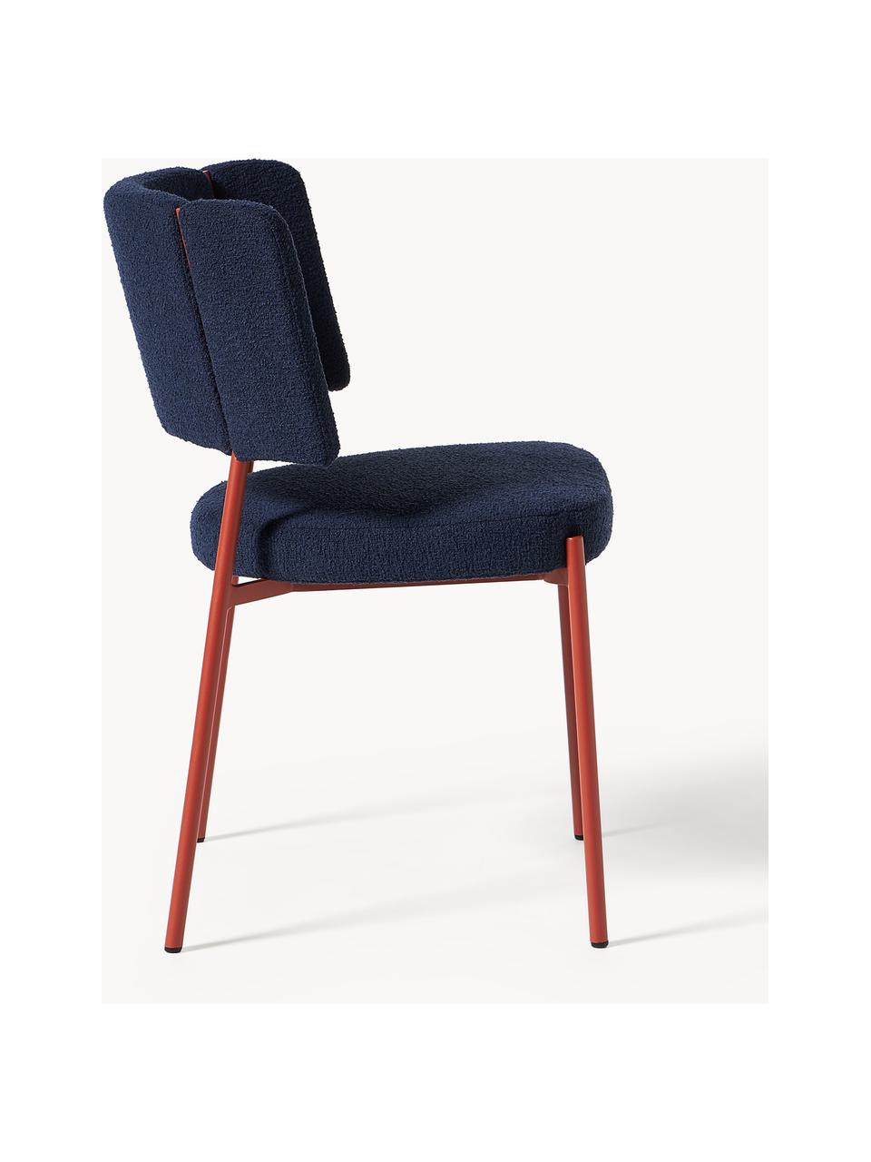 Chaises rembourrées en bouclette Samantha, 2 pièces, Bouclette bleu foncé, pieds rouges, larg. 55 x prof. 55 cm