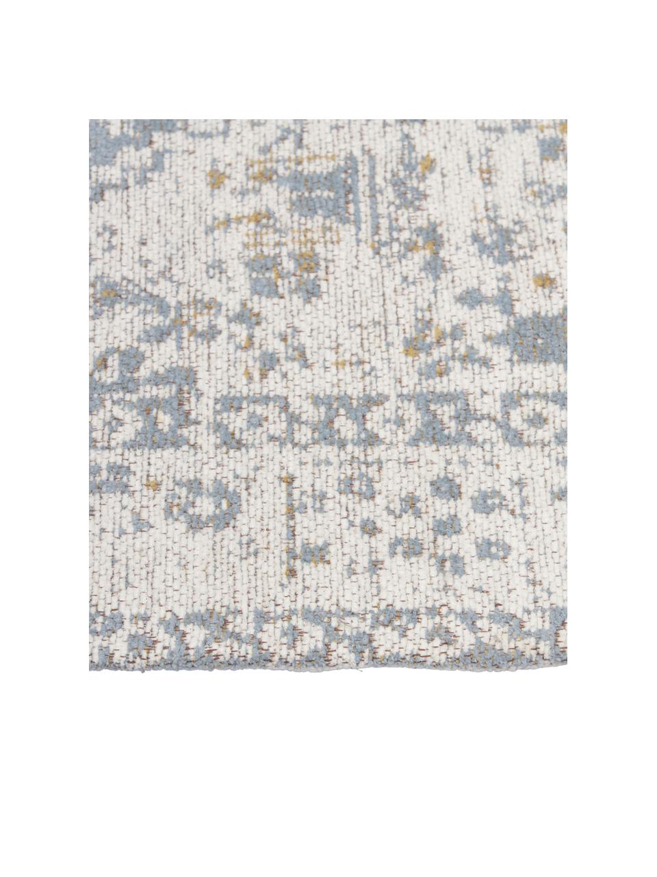Handgeweven chenille vloerkleed Neapel in vintage stijl, Bovenzijde: 95% katoen, 5% polyester, Onderzijde: 100% katoen, Blauw, crèmekleurig, taupe, B 80 x L 150 cm (maat XS)