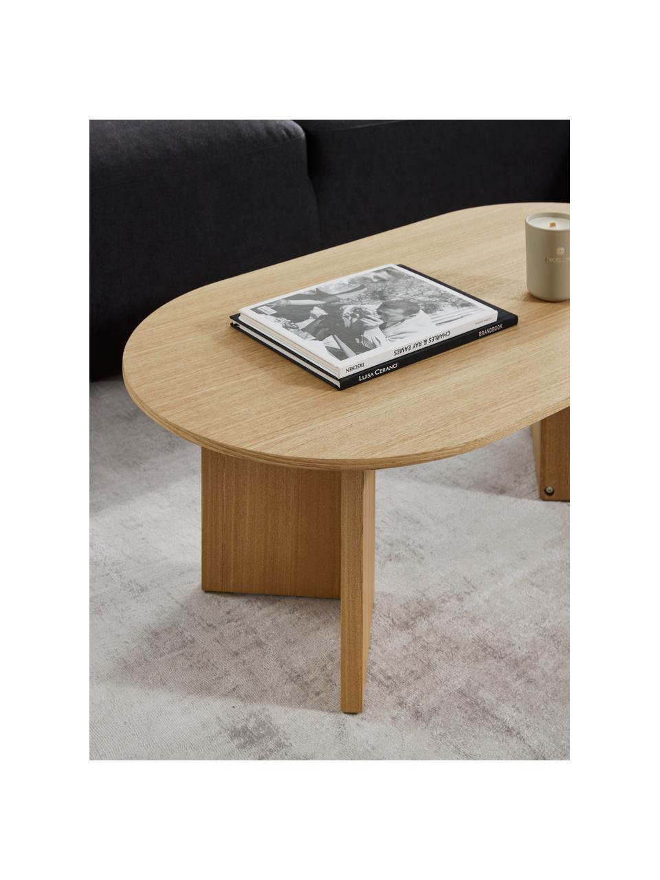 Table basse ovale en bois Toni, MDF (panneau en fibres de bois à densité moyenne) avec placage en frêne, laqué, Bois de frêne, larg. 100 x prof. 55 cm