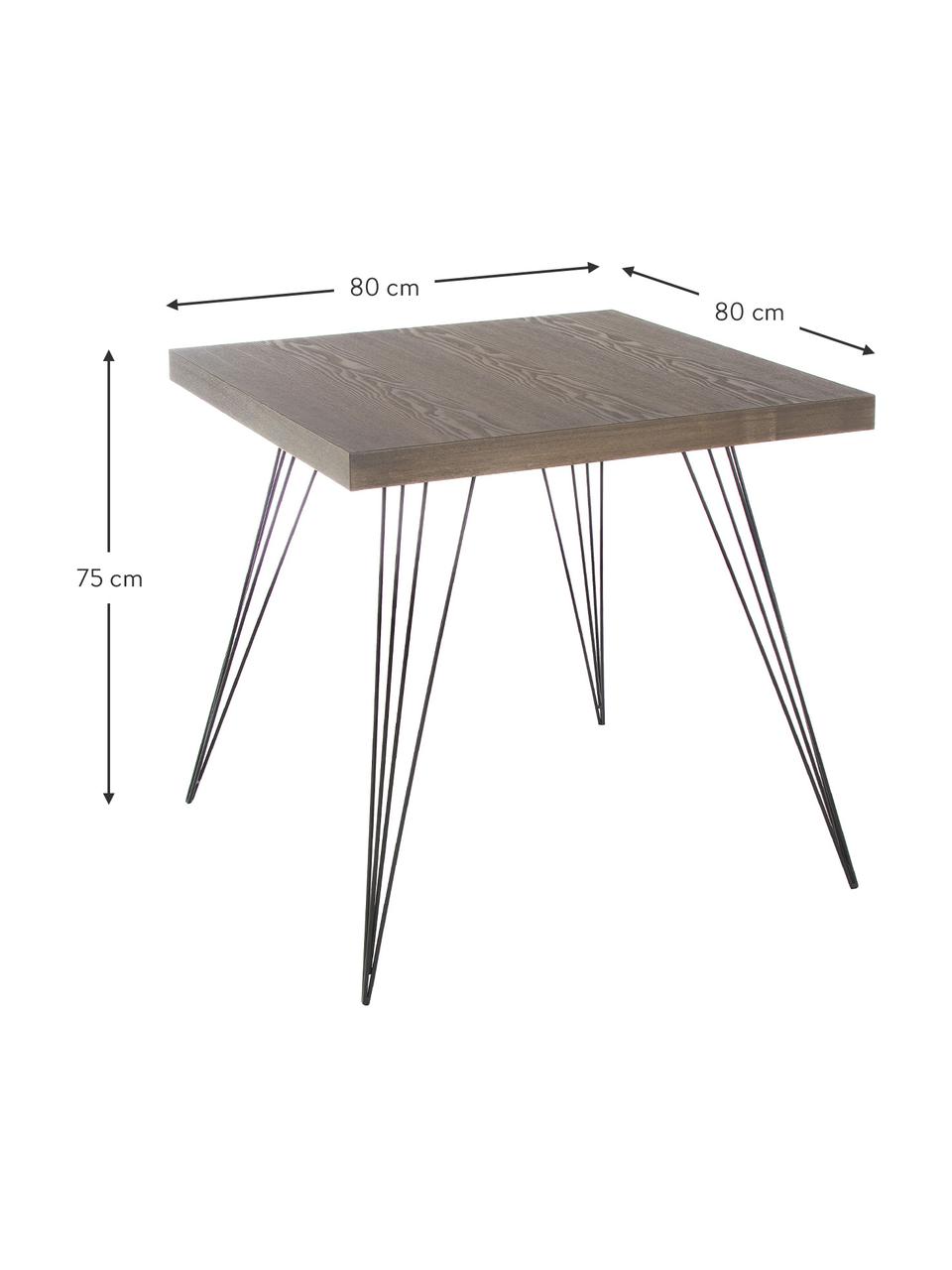 Kleine vierkante eettafel Wolcott met metalen poten, Tafelblad: MDF, Poten: gelakt ijzer, Donkerbruin, zwart, B 80 x D 80 cm