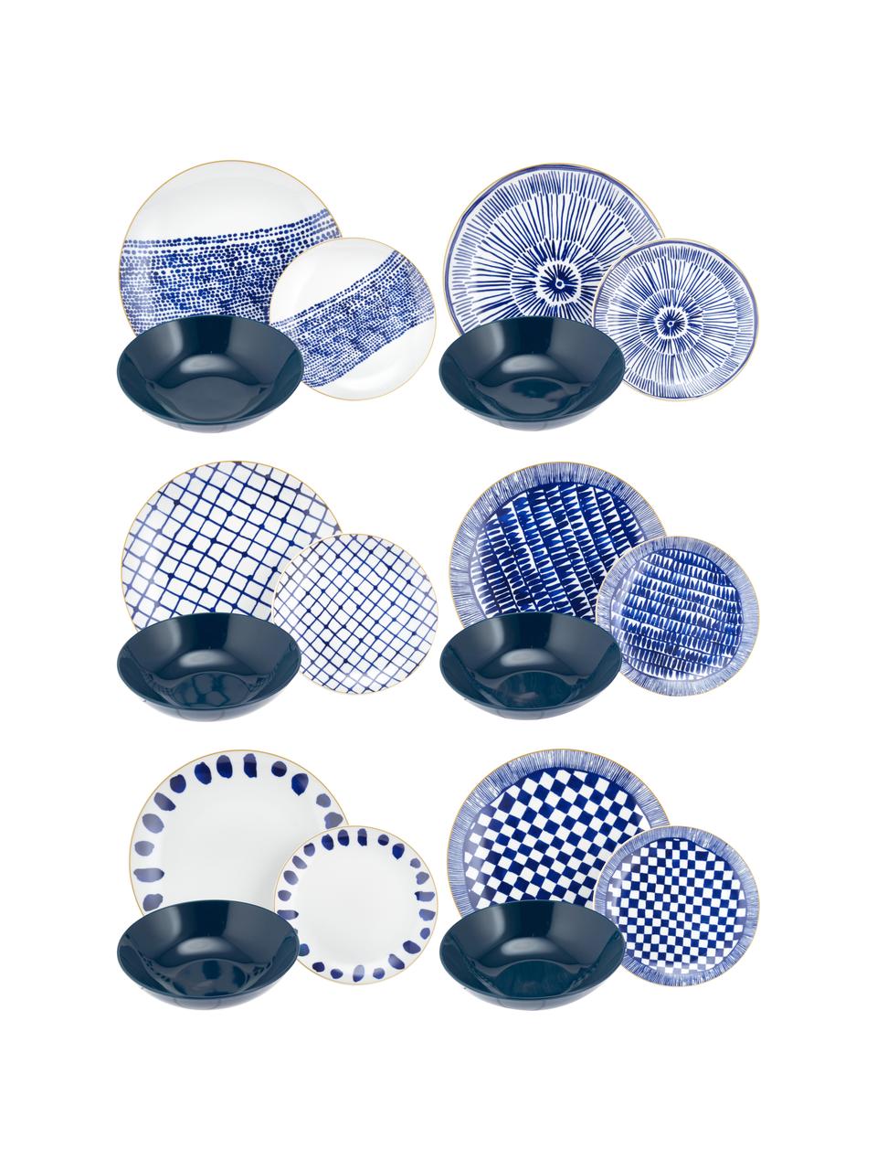 Set 18 piatti blu/bianco per 6 persone Mosai, Bianco, blu, blu scuro Bordo: oro, Set in varie misure