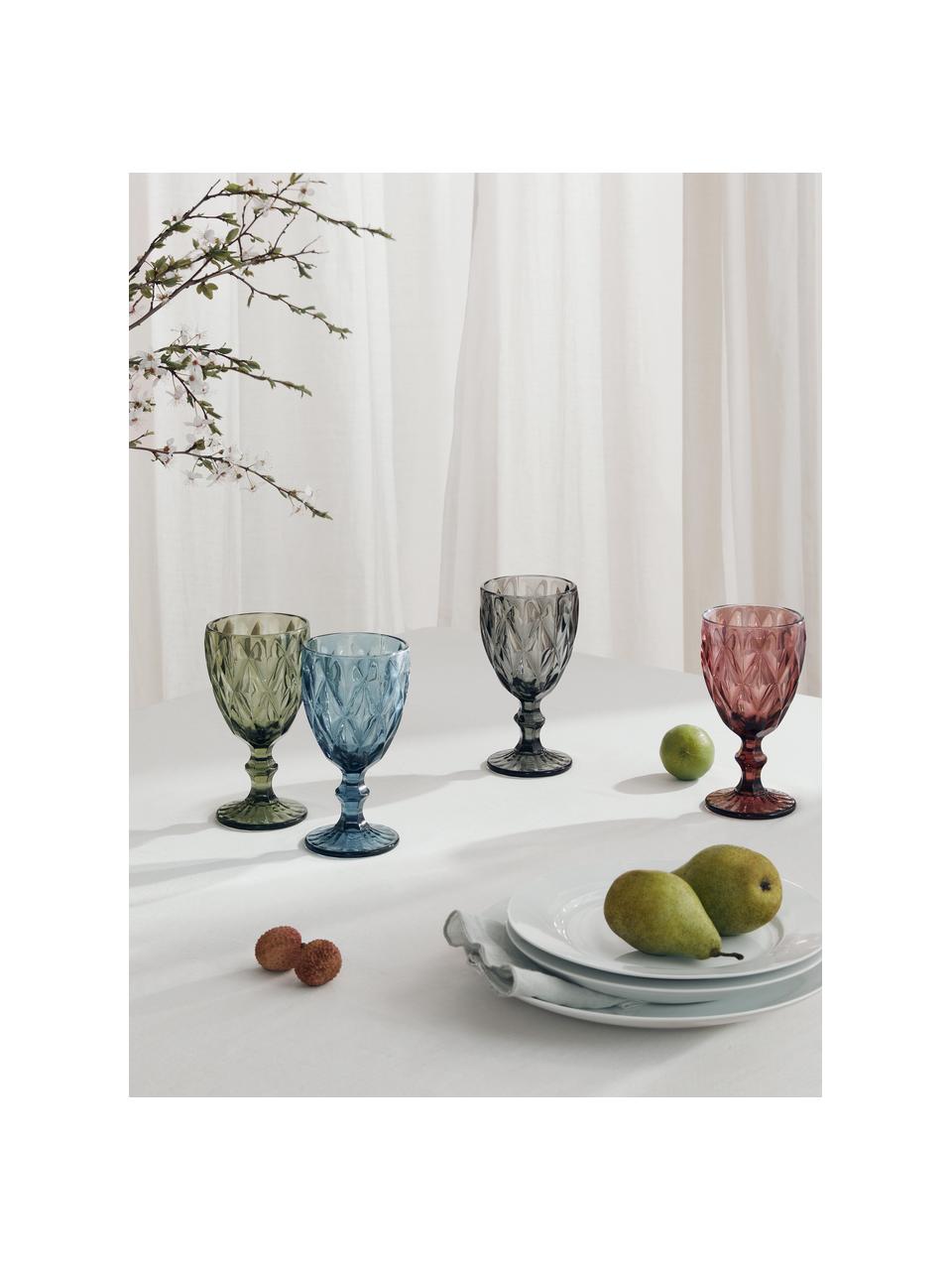 Set 4 bicchieri vino con motivo strutturato Colorado, Vetro, Verde, rosa, blu, grigio, Ø 9 x Alt. 17 cm